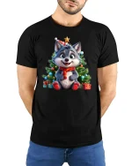 Cute Christmas Wolf Tee with Festive Tree and Holiday Gifts - model wearing black tee with hands behind back