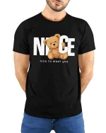 Nice Teddy Bear Tee with Cute Greeting Message Design - model wearing black tee with hands behind back