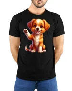 Cute Waving Puppy Tee with Adorable Happy Dog Artwork - model wearing black tee with hands behind back