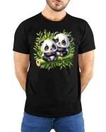 Cute Baby Panda Duo Tee with Adorable Bamboo Forest Artwork - model wearing black tee with hands behind back