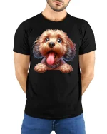 Cute Happy Pup Tee with Big Smile and Tongue Out Dog Artwork - model wearing black tee with hands behind back