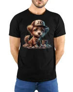 Sad Puppy Tee with Emotional Cute Dog Artwork and Soft Style - model wearing black tee with hands behind back