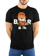 Cool Skater Bear Tee with Streetwear Style and Cute Bear Graphic - model wearing black tee with hands behind back