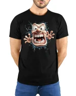 Crazy Cartoon Face Tee with Wild Screaming Character Art - model wearing black tee with hands behind back