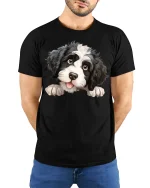 Cute Puppy Face Tee with Adorable Fluffy Dog Illustration - model wearing black tee with hands behind back
