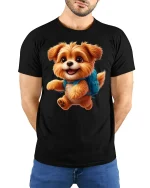 Cute Puppy Backpack Tee with Adorable Fluffy Dog Artwork - model wearing black tee with hands behind back
