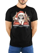 Christmas Puppy Truck Tee with Cute Santa Dog Holiday Art - model wearing black tee with hands behind back