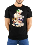 Cool Dalmatian Puppies Tee with Fun Sunglasses Cartoon Art - model wearing black tee with hands behind back