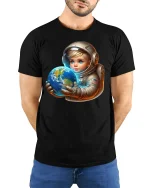 Cute Baby Astronaut Tee Holding Earth Cosmic Space Art Design - model wearing black tee with hands behind back