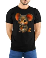 Cute Autumn Mouse Tee with Big Ears and Leaf Art Design - model wearing black tee with hands behind back