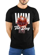 Win The Day Basketball Tee with Fiery Hoop Game Graphic - model wearing black tee with hands behind back