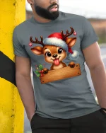 Cute Christmas Reindeer Tee with Santa Hat Holiday Style - model wearing grey tee, leaning on column