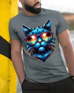 Neon Sunset Cat Tee with Cool Sunglasses Beach Artwork - model wearing grey tee, leaning on column