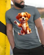 Cute Waving Puppy Tee with Adorable Happy Dog Artwork - model wearing grey tee, leaning on column