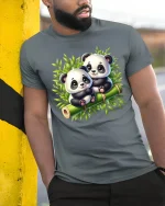 Cute Baby Panda Duo Tee with Adorable Bamboo Forest Artwork - model wearing grey tee, leaning on column