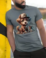 Sad Puppy Tee with Emotional Cute Dog Artwork and Soft Style - model wearing grey tee, leaning on column