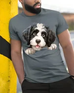 Cute Puppy Face Tee with Adorable Fluffy Dog Illustration - model wearing grey tee, leaning on column