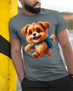 Cute Puppy Backpack Tee with Adorable Fluffy Dog Artwork - model wearing grey tee, leaning on column