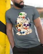 Cool Dalmatian Puppies Tee with Fun Sunglasses Cartoon Art - model wearing grey tee, leaning on column