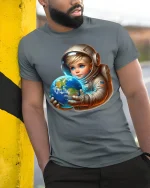 Cute Baby Astronaut Tee Holding Earth Cosmic Space Art Design - model wearing grey tee, leaning on column