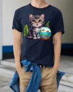 Futuristic Robot Gnome Retro Tech Graphic Tee - model wearing navy tee with hands in pockets