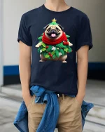 Cute Christmas Bear Wrapped in Lights Holiday Tee - model wearing navy tee with hands in pockets
