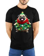 Cute Christmas Bear Wrapped in Lights Holiday Tee - model wearing black tee with hands behind back
