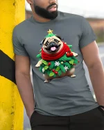 Cute Christmas Bear Wrapped in Lights Holiday Tee - model wearing grey tee, leaning on column