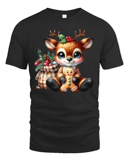 Cute Christmas Reindeer Gingerbread Joy Holiday T-Shirt - black t-shirt on white background