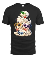 Cute Dalmatian Puppy Stack With Sunglasses Fun T-Shirt - black t-shirt on white background