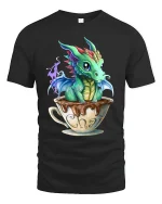 Cute Baby Dragon in Chai Cup Fantasy Magic Graphic T-Shirt - black t-shirt on white background