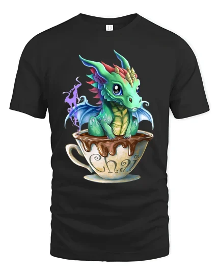 Cute Baby Dragon in Chai Cup Fantasy Magic Graphic T-Shirt - black t-shirt on white background