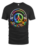 Colorful Peace Sign Headphones Music Vibes Graphic T-Shirt - black t-shirt on white background