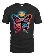 Colorful Butterfly Sunset Splash Artistic Graphic T-Shirt - black t-shirt on white background