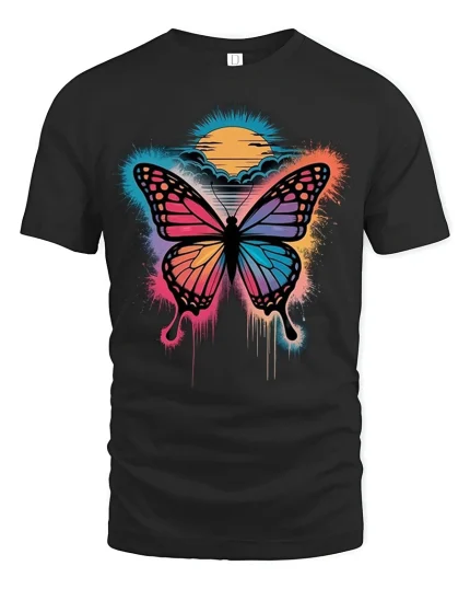 Colorful Butterfly Sunset Splash Artistic Graphic T-Shirt - black t-shirt on white background