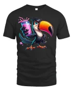 Funny Toucan With Pink Drink Tropical Vibes Graphic T-Shirt - black t-shirt on white background
