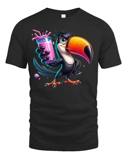 Funny Toucan With Pink Drink Tropical Vibes Graphic T-Shirt - black t-shirt on white background