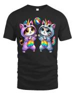 Cute Unicorn Cat Duo Rainbow Playtime Kawaii T-Shirt - black t-shirt on white background
