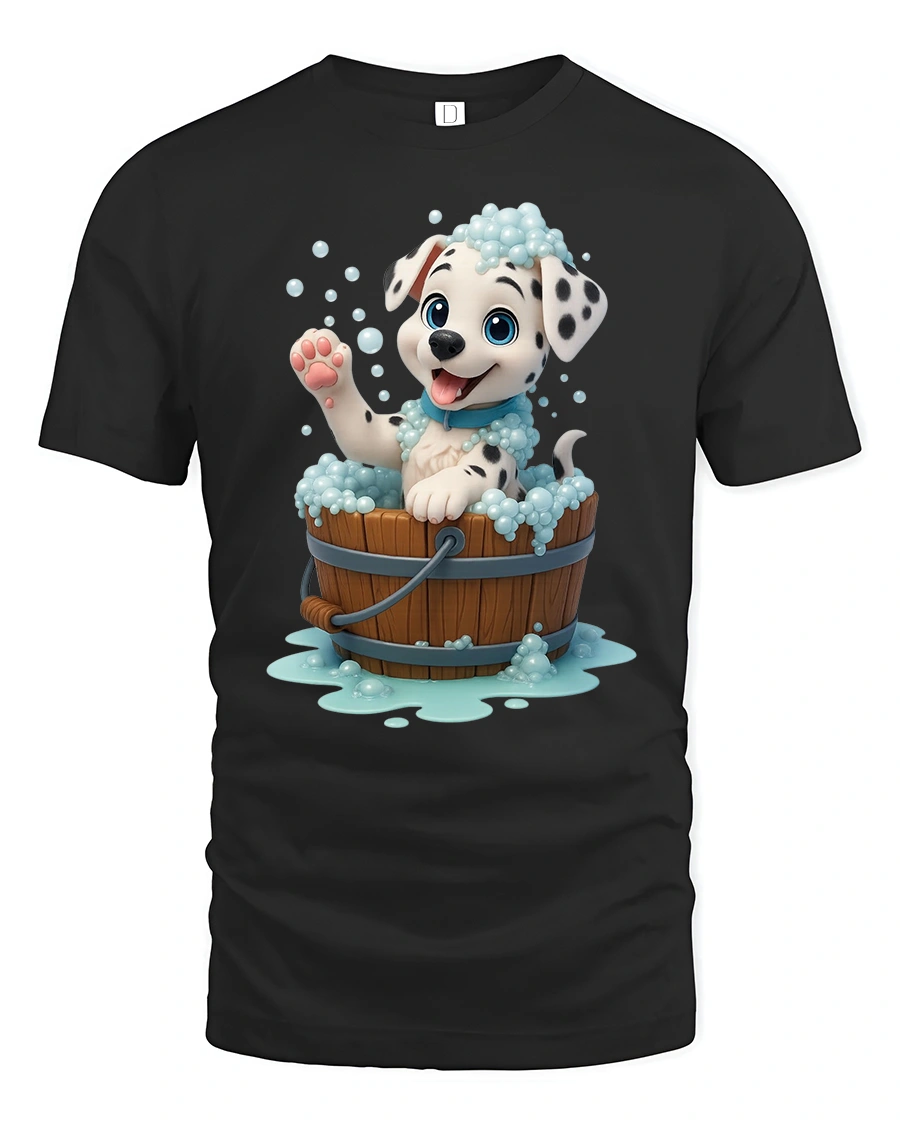 Cute Dalmatian Puppy Bubble Bath Fun Graphic T-Shirt - 1 Cute Dalmatian Puppy Bubble Bath Fun Graphic T-Shirt - black t-shirt on white background