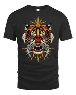 Majestic Sun Tiger Warrior Tribal Power Graphic T-Shirt - black t-shirt on white background