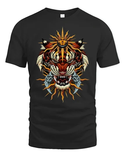 Majestic Sun Tiger Warrior Tribal Power Graphic T-Shirt - black t-shirt on white background