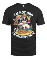 Funny Raccoon Vacation I’m Racc Onny Rave Relax Tee - black t-shirt on white background