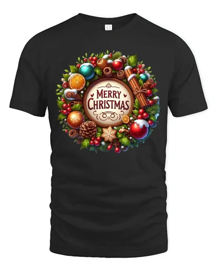 Merry Christmas Festive Wreath Holiday Cheer Graphic Tee - black t-shirt on white background