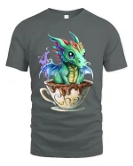 Cute Baby Dragon in Chai Cup Fantasy Magic Graphic T-Shirt - gray t-shirt on white background