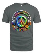 Colorful Peace Sign Headphones Music Vibes Graphic T-Shirt - gray t-shirt on white background