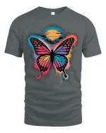 Colorful Butterfly Sunset Splash Artistic Graphic T-Shirt - gray t-shirt on white background