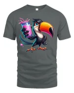 Funny Toucan With Pink Drink Tropical Vibes Graphic T-Shirt - gray t-shirt on white background