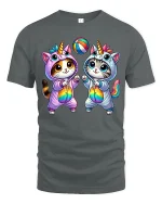 Cute Unicorn Cat Duo Rainbow Playtime Kawaii T-Shirt - gray t-shirt on white background
