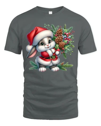 Cute Christmas Bunny Santa Outfit Holiday Joy T-Shirt - gray t-shirt on white background