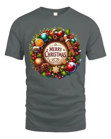 Merry Christmas Festive Wreath Holiday Cheer Graphic Tee - gray t-shirt on white background